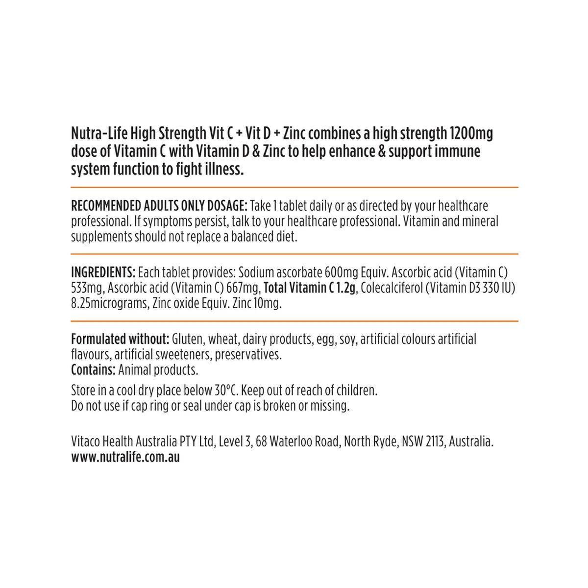 NutraLife High Strength Vit C Plus Vit D Plus Zinc 120 Tablets