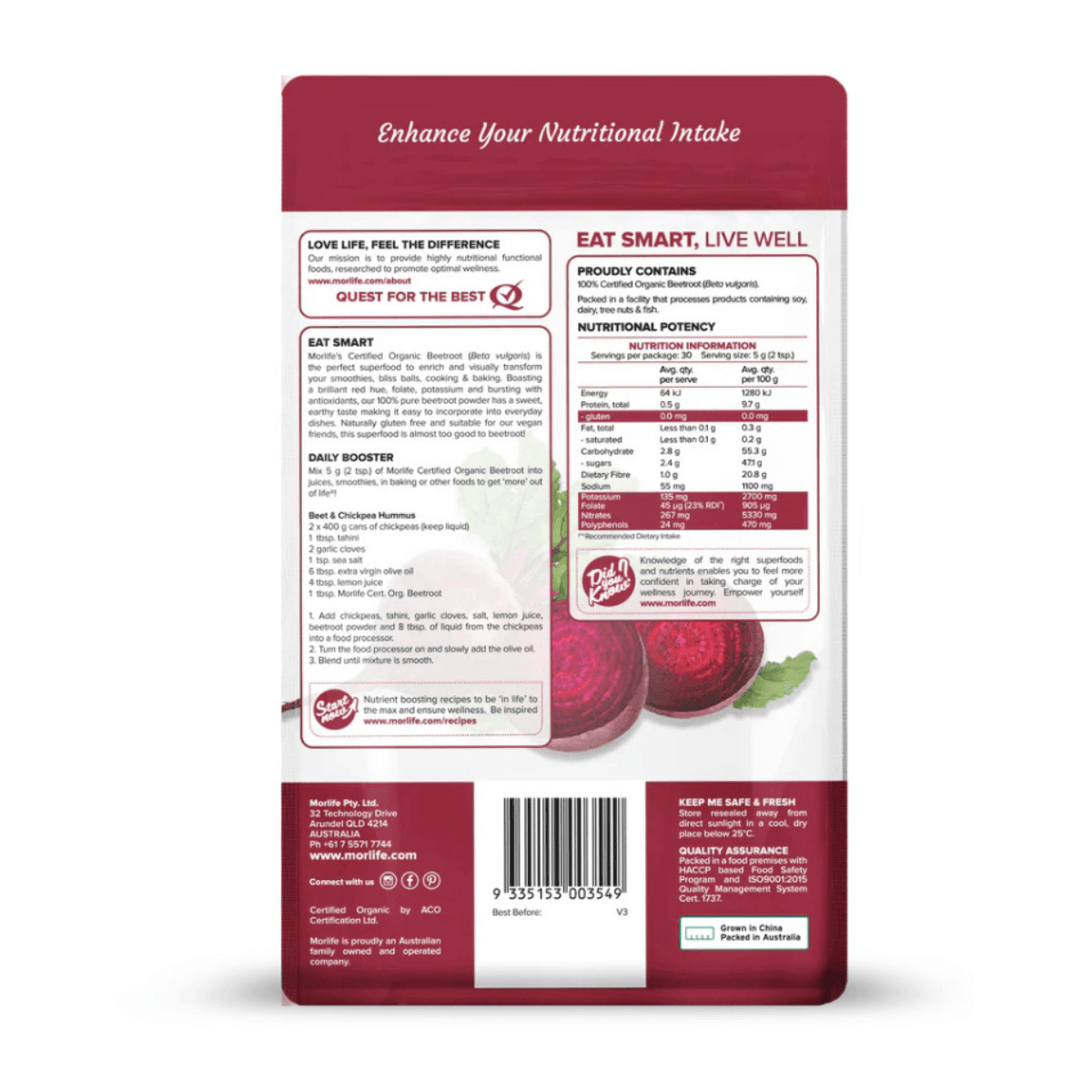 Morlife Beetroot Powder Organic 150g - QVM Vitamins™