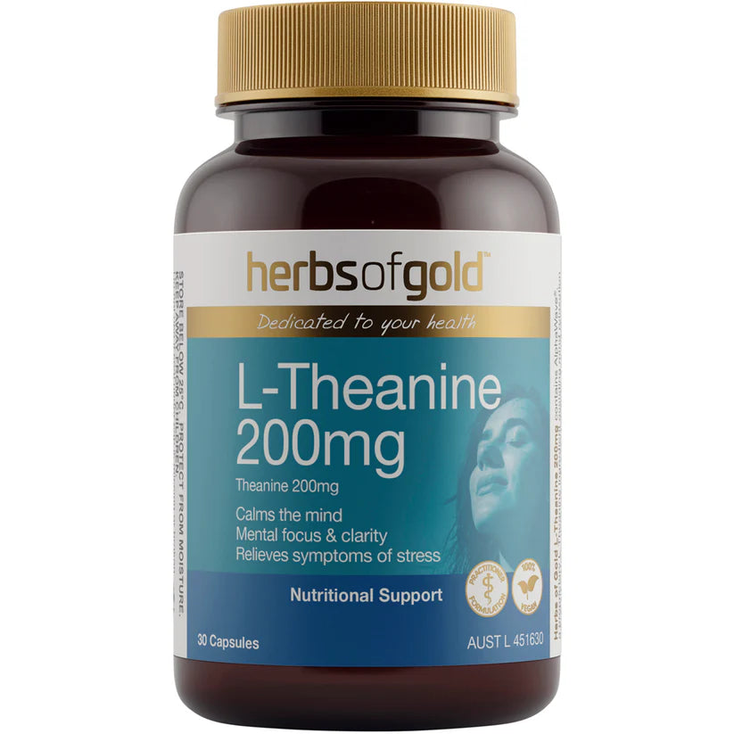 Herbs of Gold L-Theanine 200mg supplement bottle on a white background