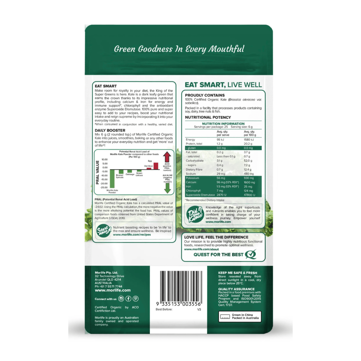 Morlife Kale Powder Organic 150g - QVM Vitamins™