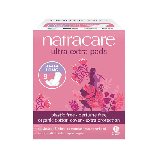 Natracare Ultra Extra Pads Long with Organic Cotton Cover x 8 Pack - QVM Vitamins™