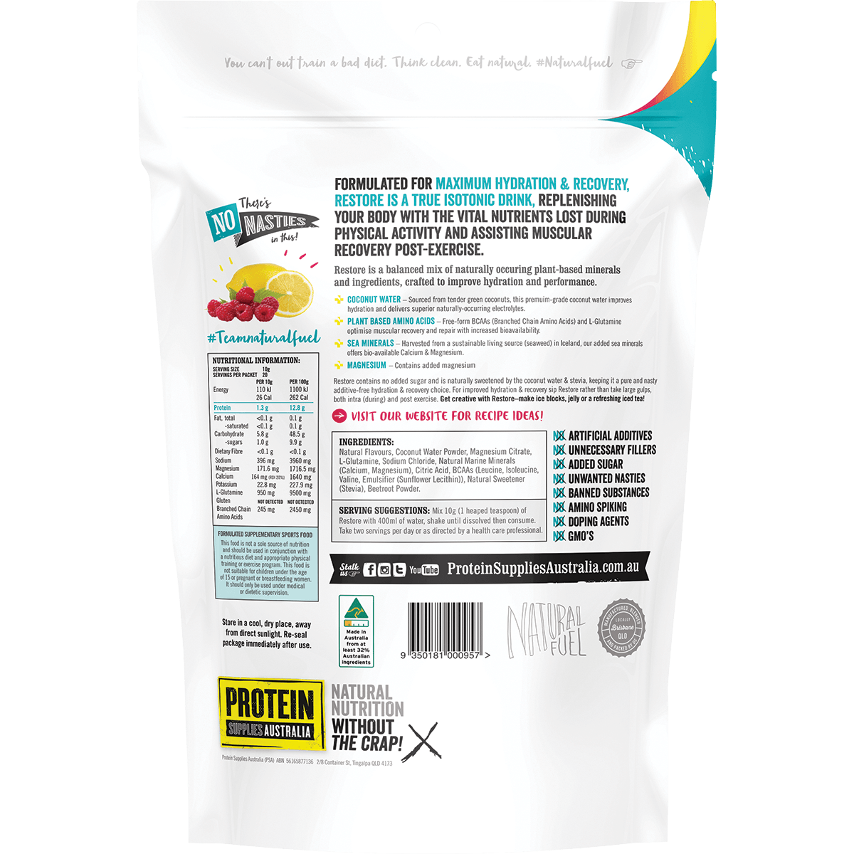 Protein Supplies Australia Restore Raspberry Lemonade 200g - QVM Vitamins™