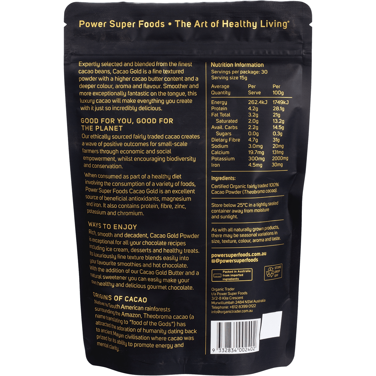 Power Super Foods Cacao Powder Gold Luxury Organic 225g - QVM Vitamins™